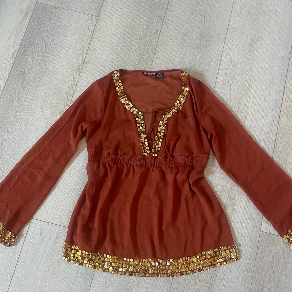 Magazine Gold-Embellished Rust Top